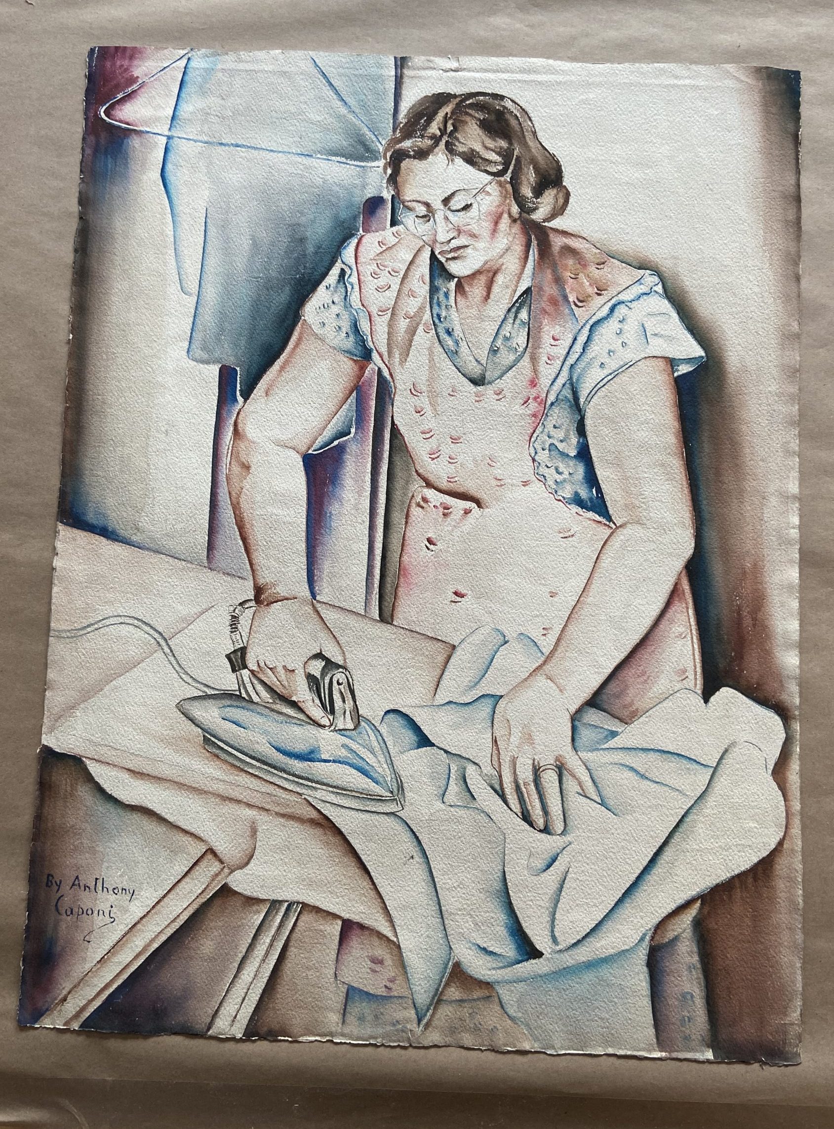 Mama A watercolor painting of a woman ironing a shirt