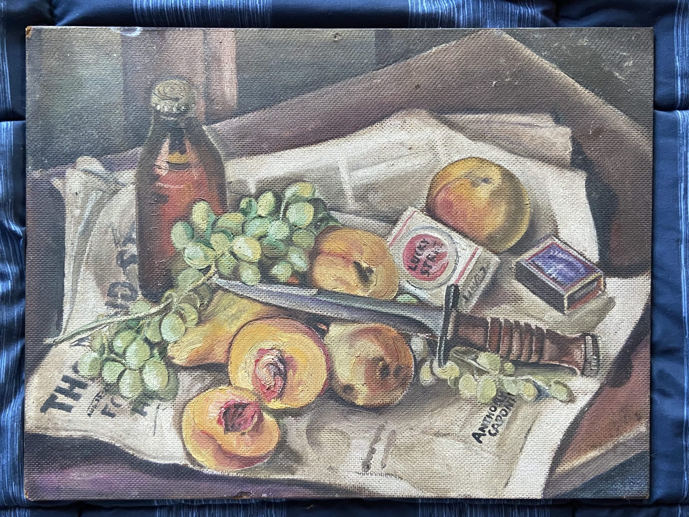 Wartime Still Life A painting of fruit, cigarettes, drink and a bayonet laying on a newspaper